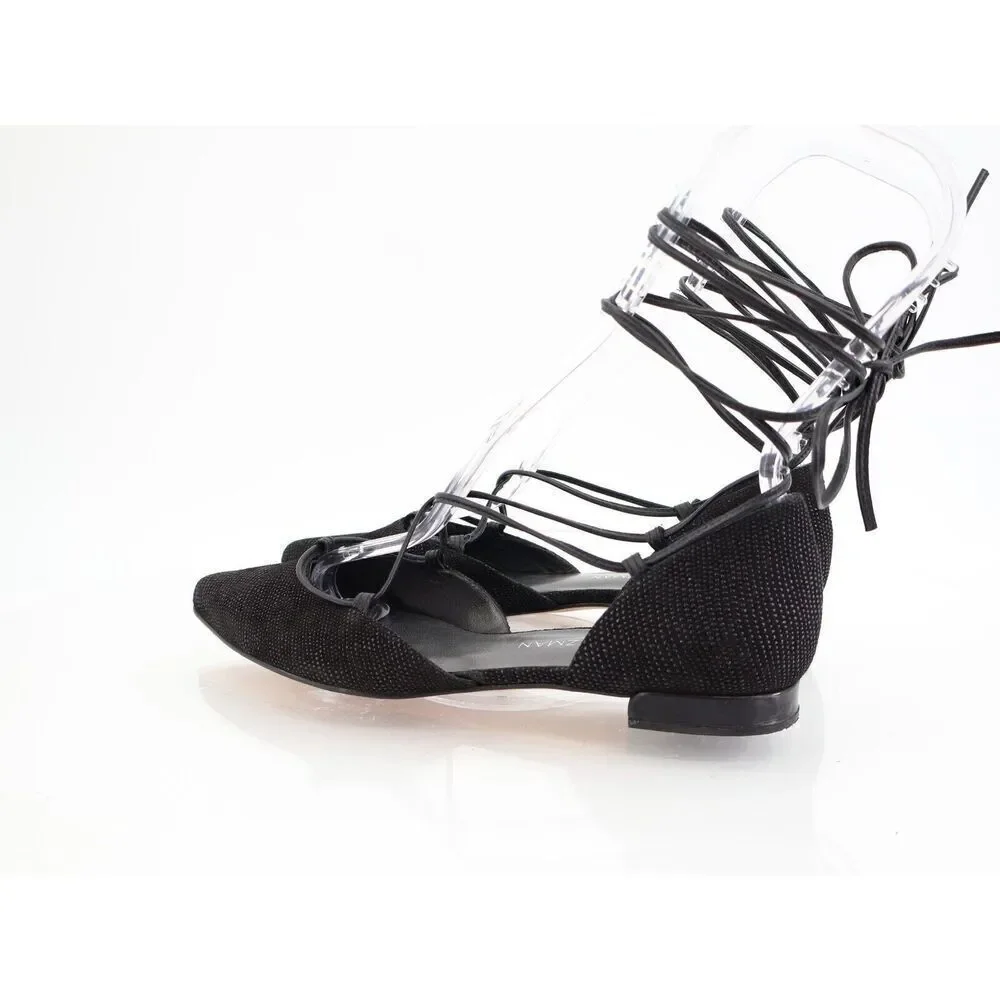 Stuart Weitzman Gilligan Ballet Flats Lace Up Pointed Toe Black Size 6 M Leather